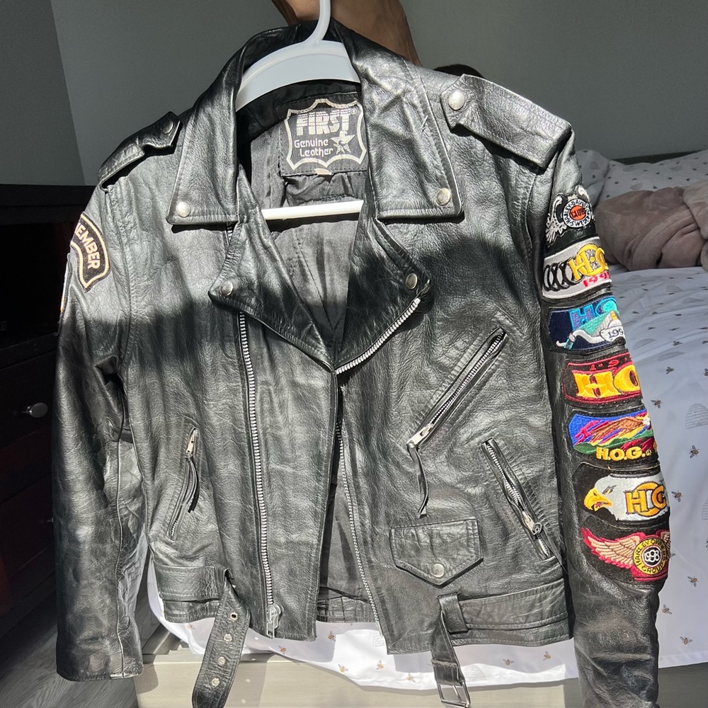 Vintage Heavy Leather and patchwork First Genuine Biker Jacket.